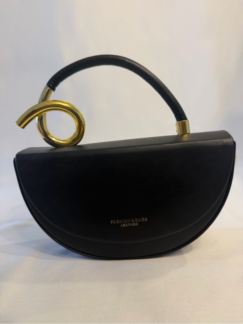 Leather Black Semi-Circle Top-Handle Mini Bag with Gold Accent